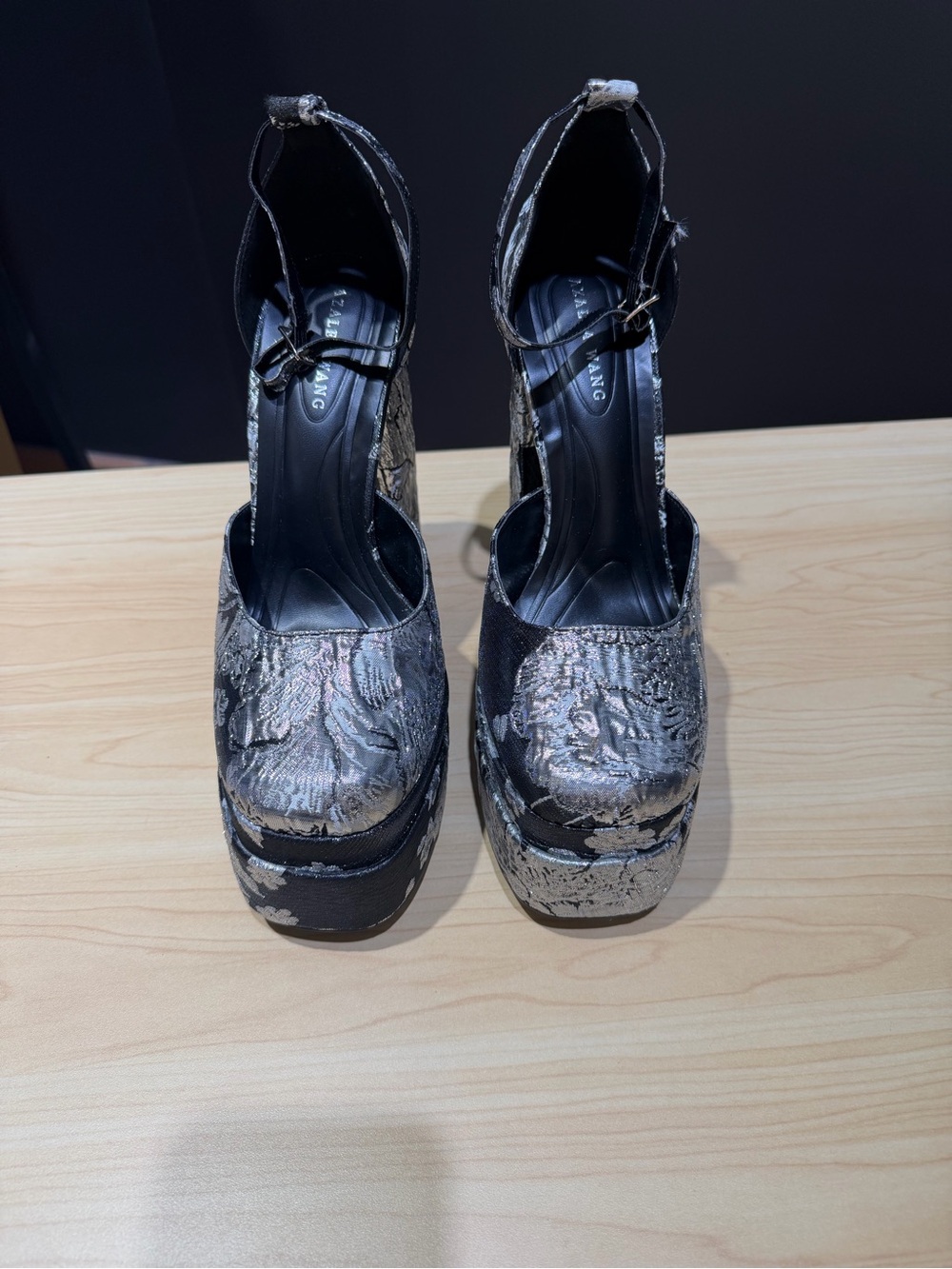 Platform Ankle-Strap Heels in Black and Silver Brocade